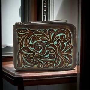 PATRICIA NASH LEATHER TOOLED CASSINI TURQUOISE BROWN WRISTLET CLUTCH PURSE BAG N